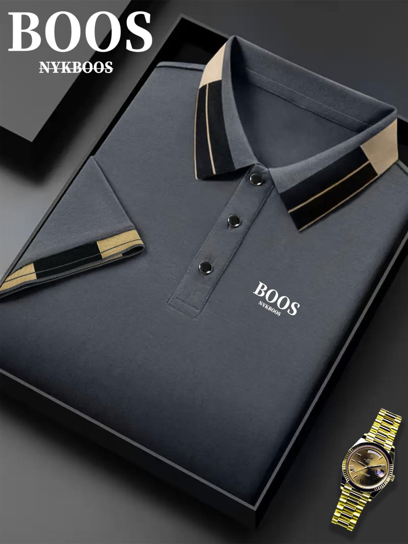 Hh3425 Fashion Boss Logo Print Men's Polo Shirt, Elastic Casual Breathable Four-Season Comfortable Durable High-End Polo Top