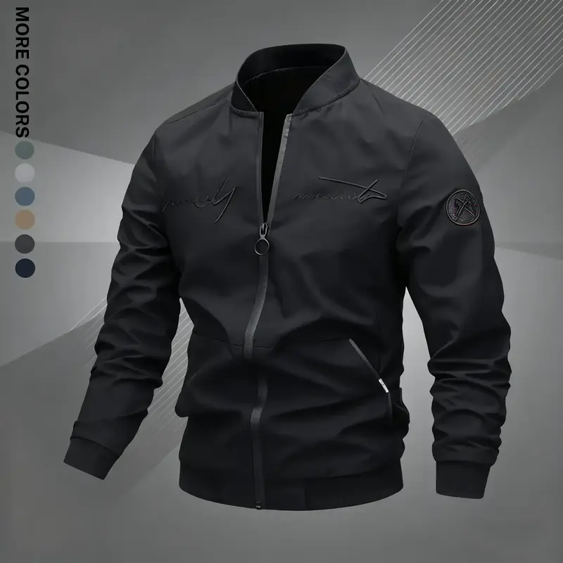 Men's Zip-Up Pilot Jacket - Sporty Chic Fitted Long-Sleeve Polyester Outerwear with Pockets, Letter Embroidery, Machine Washable Zip Up Sportswear for Casual Use Men's Zip-Up Pilot Jacket - Sporty Chic Fitted Long-Sleeve Polyester Outerwear with Pockets, Letter Embroidery, Machine Washable Zip Up Sportswear for Casual Use