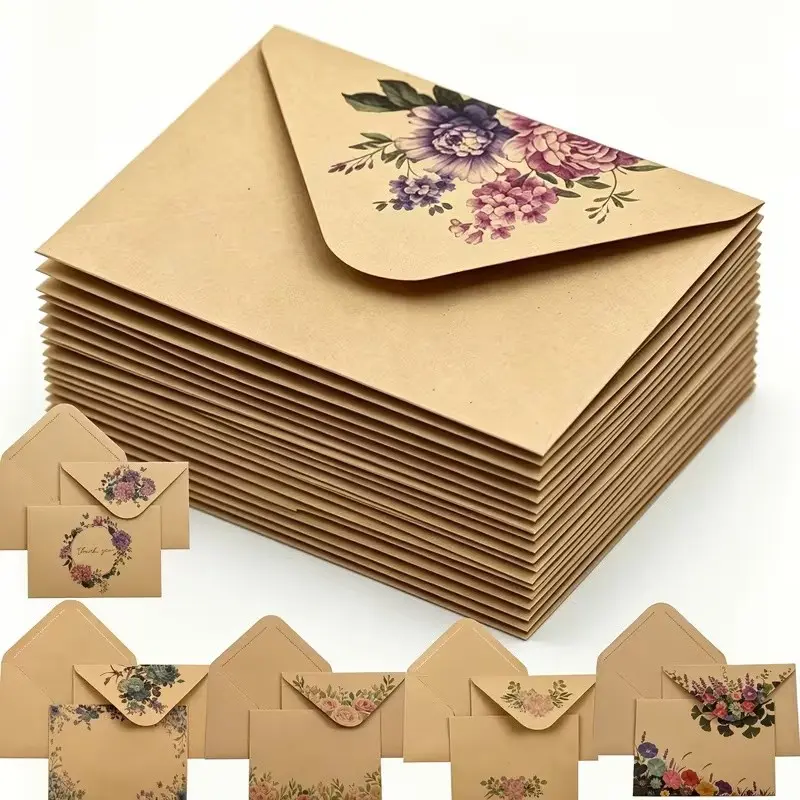 20pcs Vintage Floral Print Kraft Paper Envelope Set, Rustic Flower Pattern Greeting Cards for Wedding Invitation, Birthday Party DIY Craft