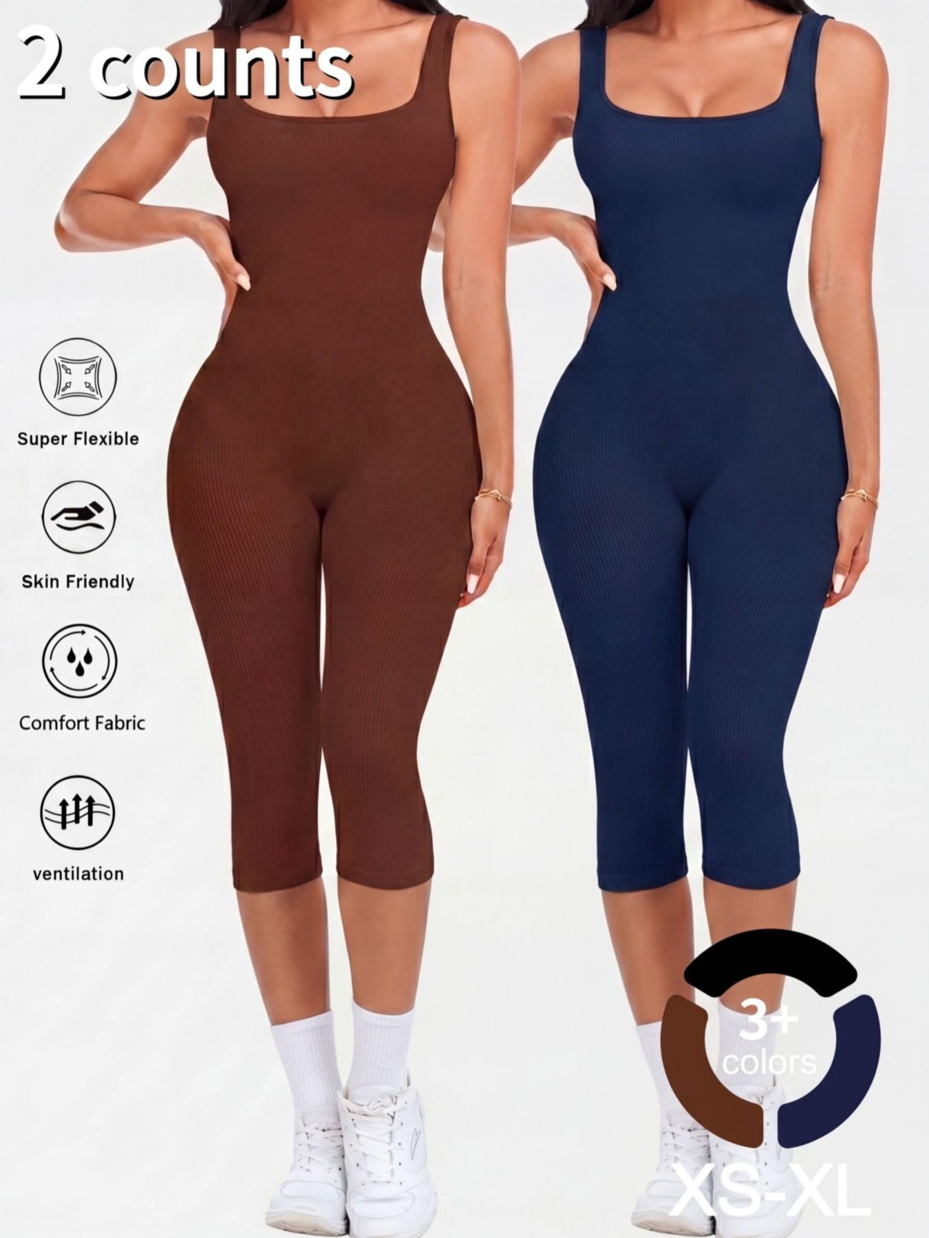 1/2PCS Women's Yoga Capri Jumpsuit Square Neck Backless Tummy Control Butt Lifting, Yoga Workout Jumpsuits Workout Shorts Romper Seamless Ribbed Sleeveless Unitard Fitness Gym for Gym Sports
