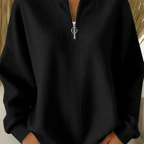 Women's Waffle Half-Zip Long Sleeve Knitwear Top, Casual Loose Round Neck Shirt, Solid Color Pullover, Perfect for Spring and Fall Daily Wear