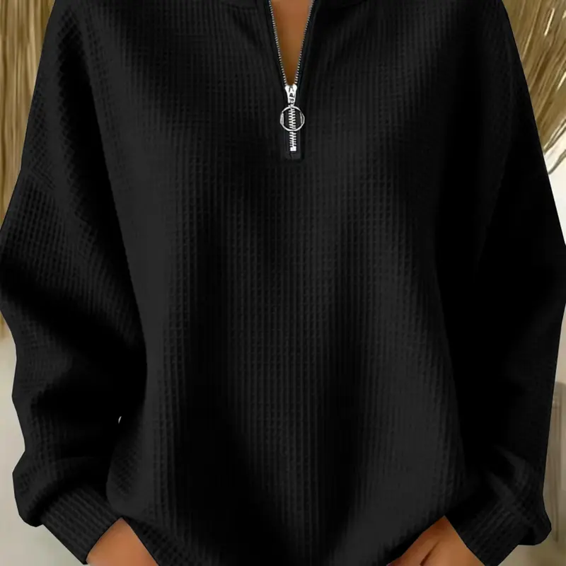 Women's Waffle Half-Zip Long Sleeve Knitwear Top, Casual Loose Round Neck Shirt, Solid Color Pullover, Perfect for Spring and Fall Daily Wear