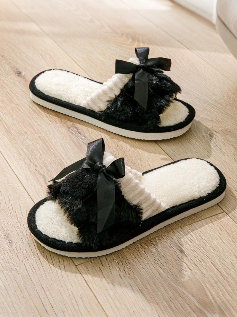 Women's Winter Bowknot Indoor Slippers, Warm Home Use, Living Room Bedroom Shoes, Fashionable Soft Plush Open Toe, Couple Style