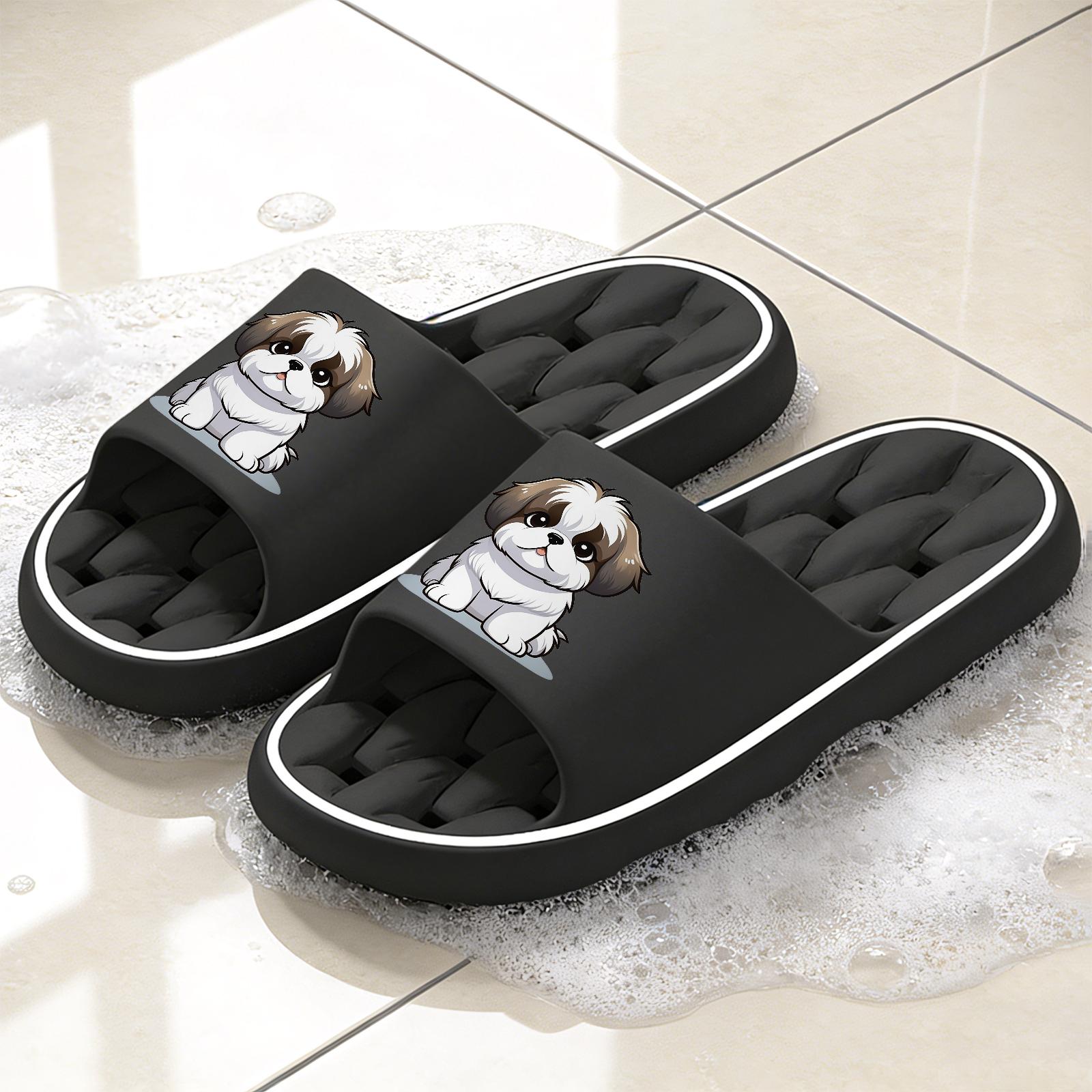 Cute Shih Tzu Print Quick-Dry Hollow Out Slide Slippers, Non-Slip Bathroom Shower Shoes, Soft Cushioned Home Sandals for Dog Lovers