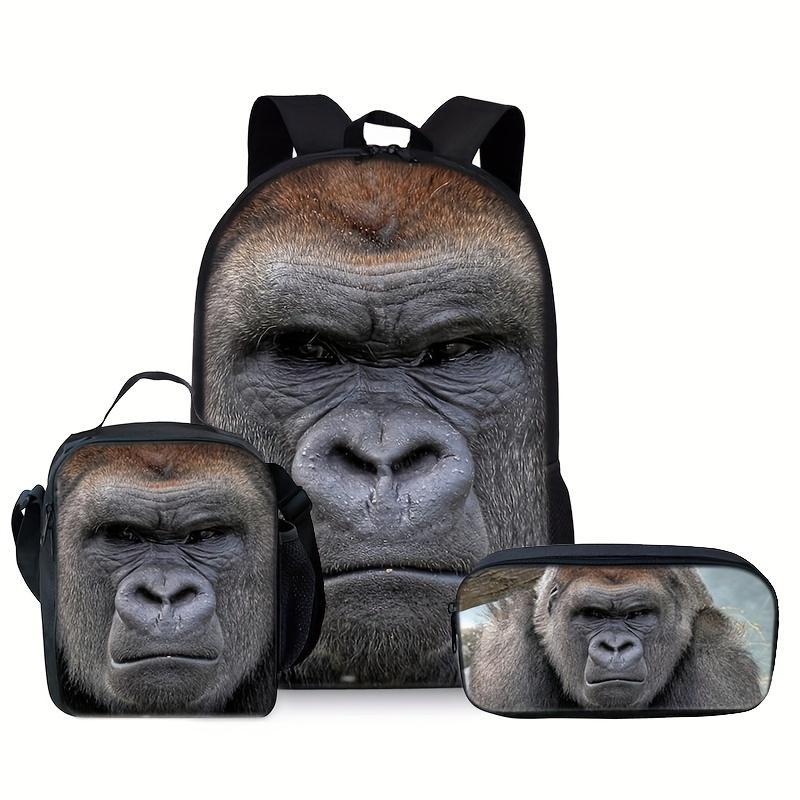 Wild Vibe 3-Piece School Backpack Set - Oxford Cloth, Adjustable Straps, Ultra-Realistic Silverback Gorilla Print on Black Background, Includes Lunch Bag & Cosmetic Bag, for Young Animal Lovers, Ideal for School/Outdoor Use