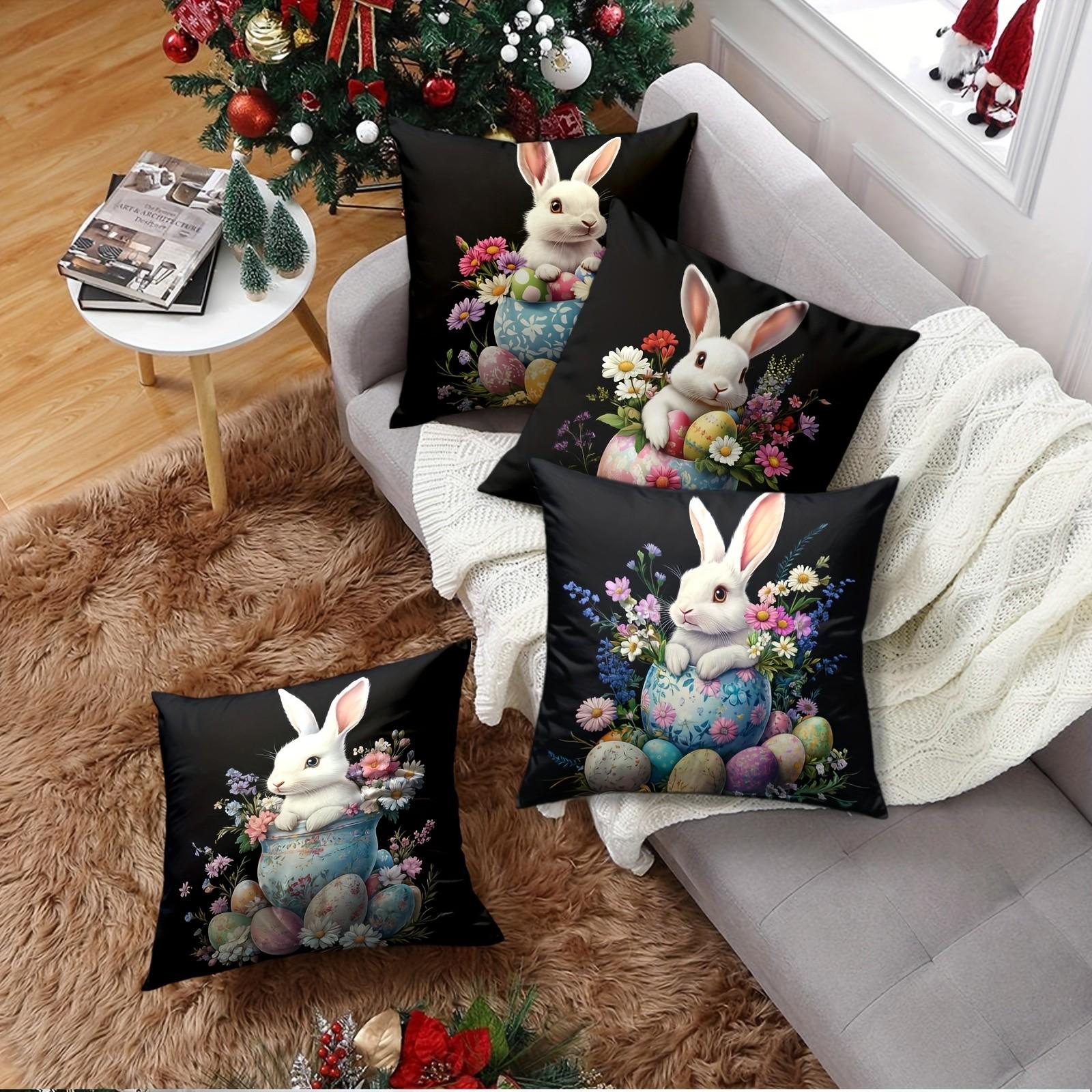 4pcs Soft Easter Throw Pillow Covers Set | Bunny & Egg Designs, Perfect for Sofa, Bed, Office Decor, Contemporary Style, Single-sided Printing, No Pillow Insert