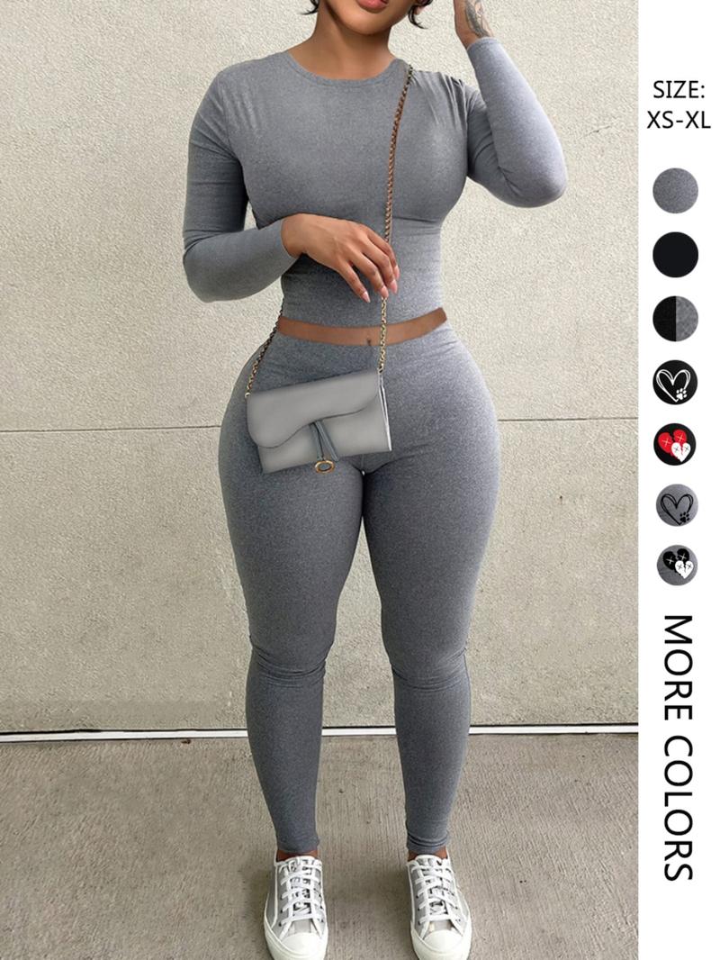Women's Casual Long Sleeve Crop Top & Leggings Set, long johns, pantsuit, Plain Pattern, Fitted Design, Spring & Fall Fashion, Two-Piece Sportswear, Yoga Clothes Set