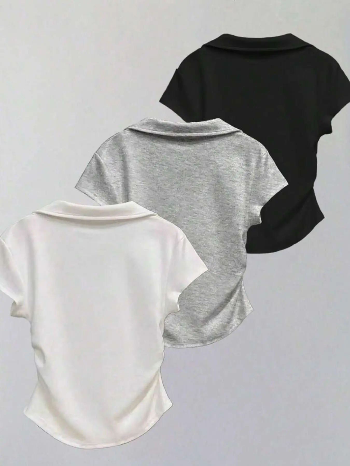 Three-Piece Women's Y2K Basic Versatile Fashion Aesthetic Polo Neck T-Shirts Set, Slim-Fit Casual Short Sleeve Tops
