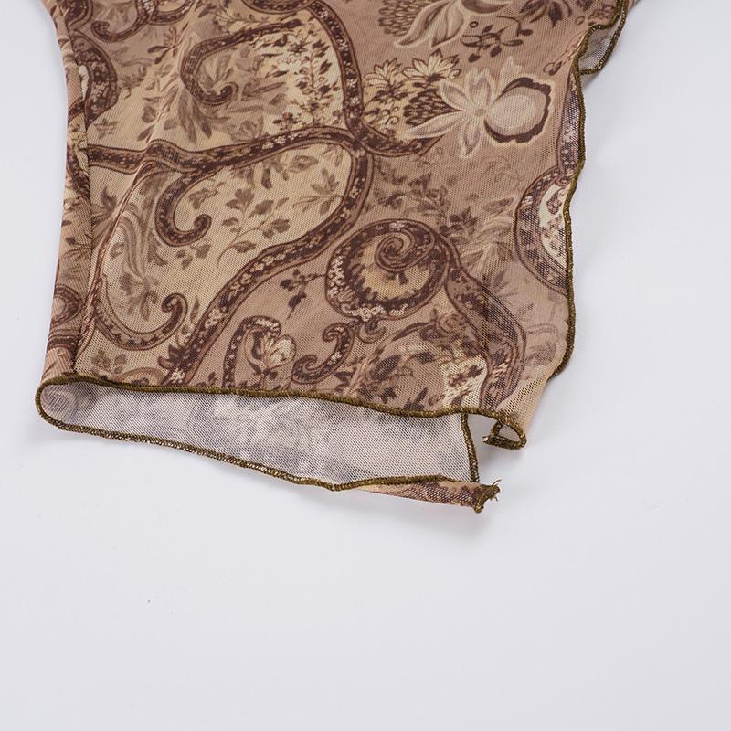 Vintage Walnut Flower Print Mesh Halter Top, Contrast Lace, Sleeveless, Irregular Hem, Y2K Aesthetic, Slim Fit, All Seasons, Cropped Cami Top