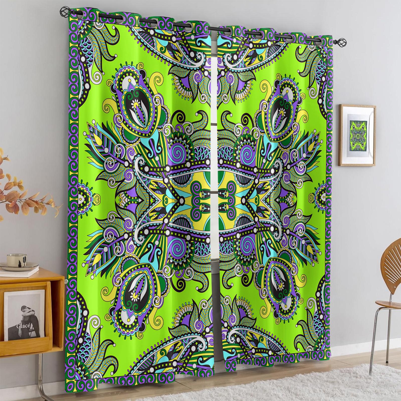 2 Panels Set Boho Paisley Digital Print Window Drapes, Vintage Ethnic Style Darkening Grommet Curtains, Thermal Insulated Privacy Blackout Drapes, Decorative Window Treatment for Living Room, Bedroom, Dorm, Home Office