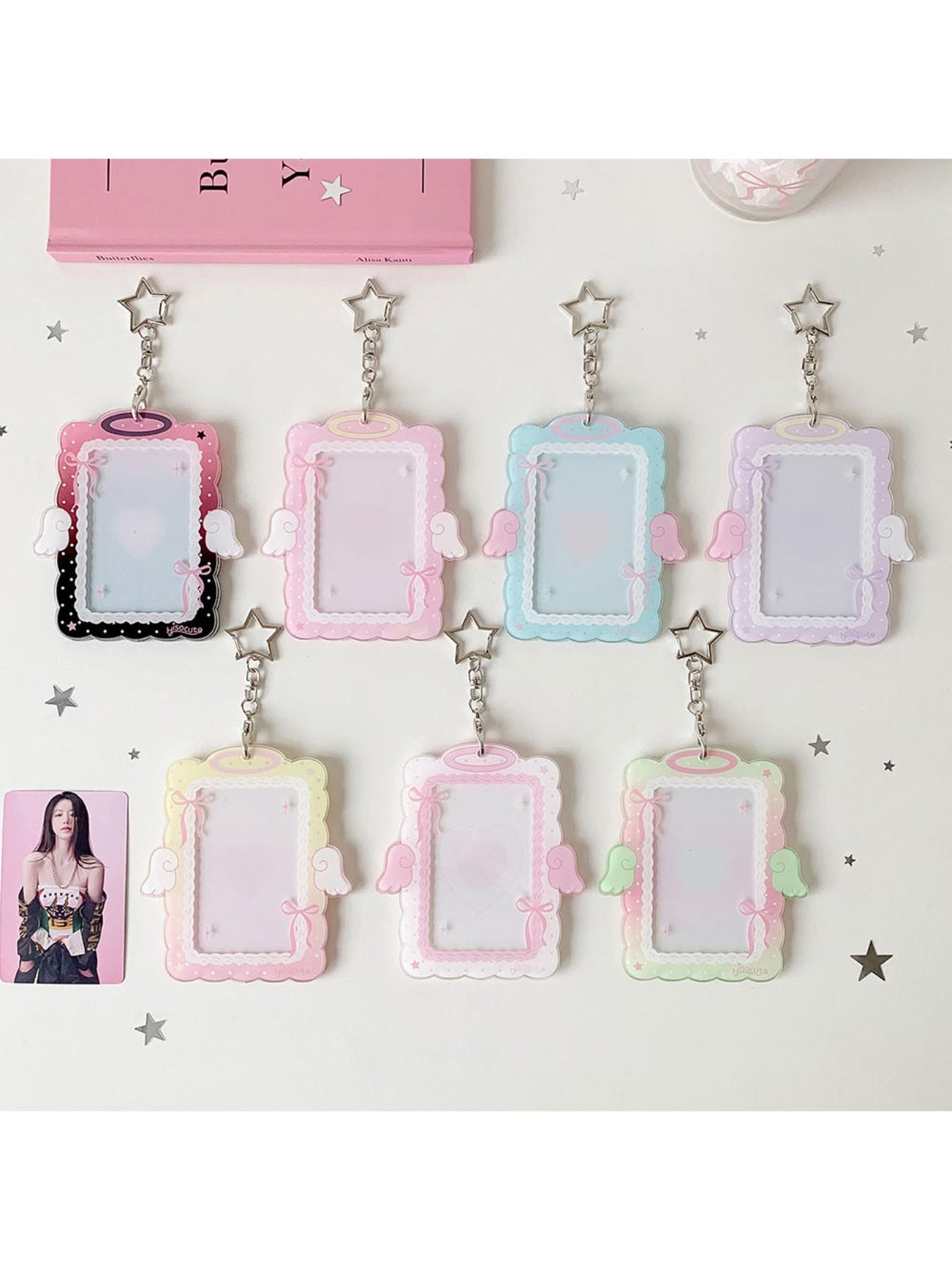 Sweet Girl 3 Inch Angel Wings Keychain Card Holder, Student Hollow Out Visible Small Card Display Case, Idol Fan Accessory, Id Holders For Badges, Id Badge Holder, Badge Accessories