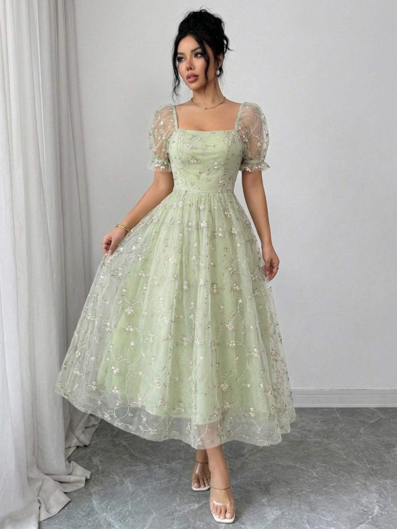 Elegant Short Sleeve Long Dress, Womenswear Mesh Embroidered Country Style Casual, Elegance, Vacation Wear, 8030 Model, Perfect for Relaxing Days