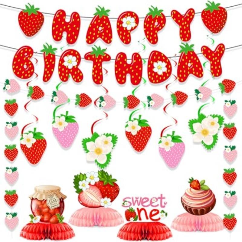 Berry First Birthday Party Decorations Strawberry Theme Banner Hanging Swirls Honeycomb Balls  Complete Set Pink and Red Baby Shower Fruit Party Decor