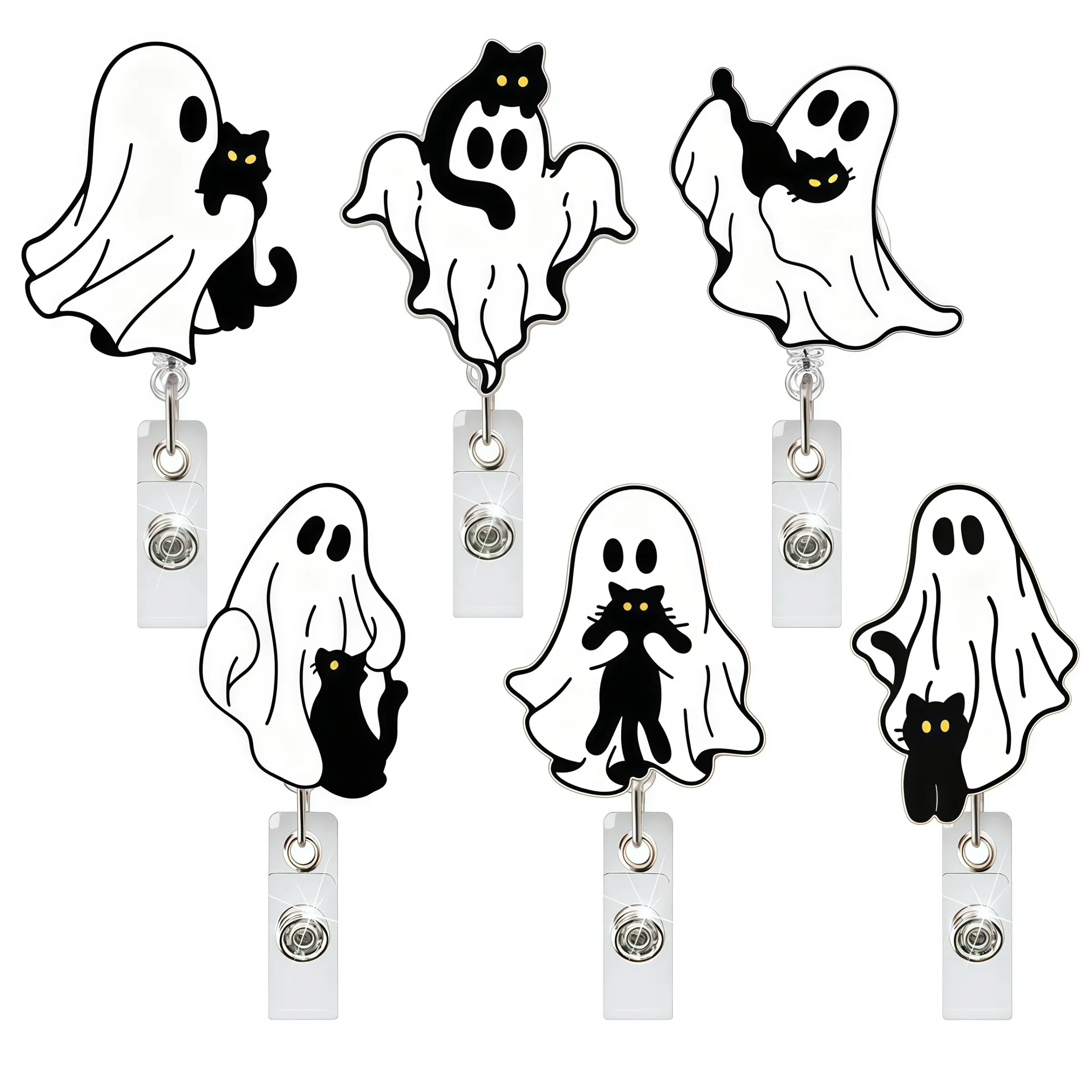 6 Styles Ghost Cat Badge Set, Cute Horror Halloween Stretchable ID Badge Clip, Cartoon Ghost & Cat Design, Nurse Teacher Gift