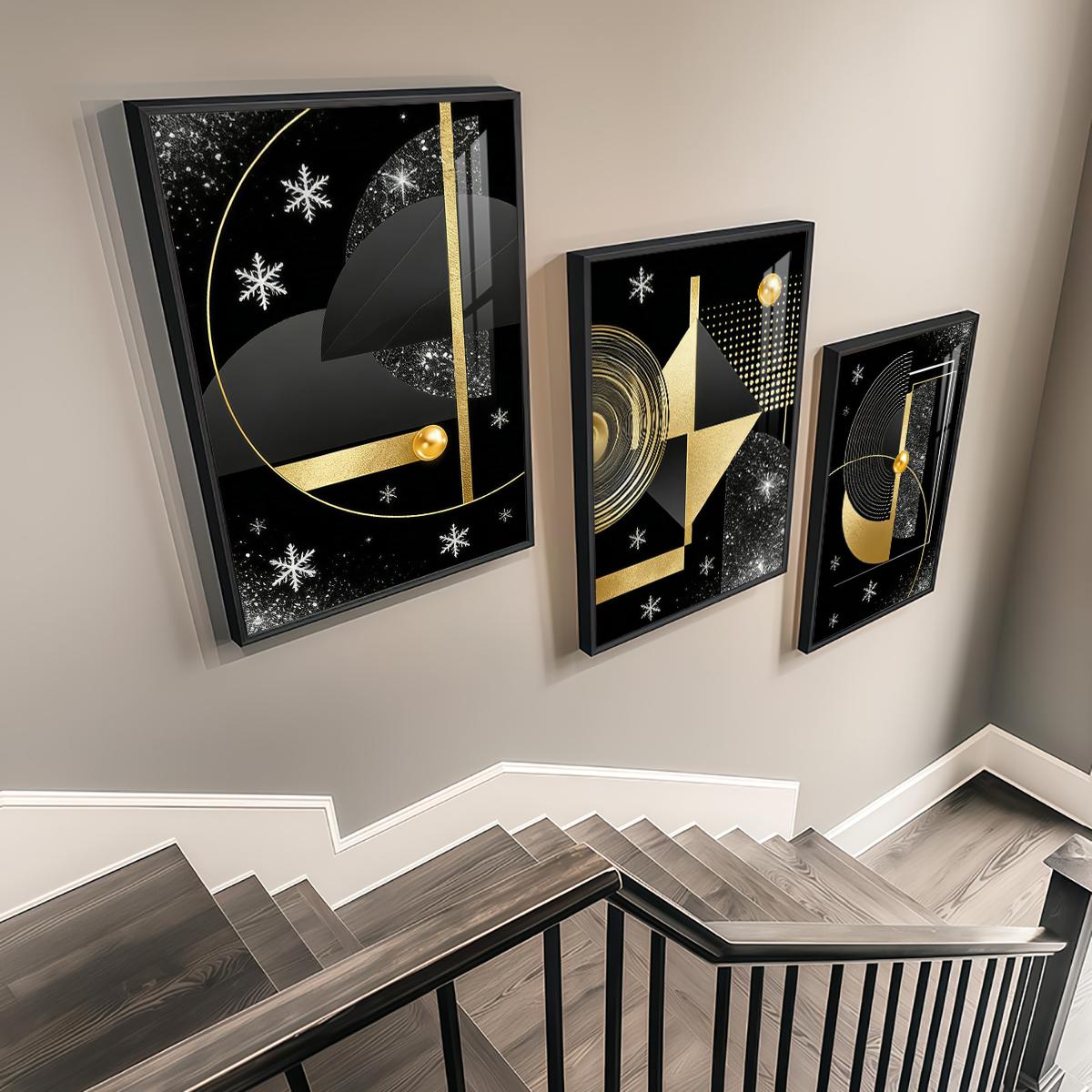 3 Counts Aluminum Alloy Framed Painting, Geometric Gold And Black Abstract Art Pictures, Home Decoration For Living Room, Bedroom, Office, Restaurant, Hallway Wall Decor, Odorless Print Artwork, Luxury Perfect Gift For Friends And Family