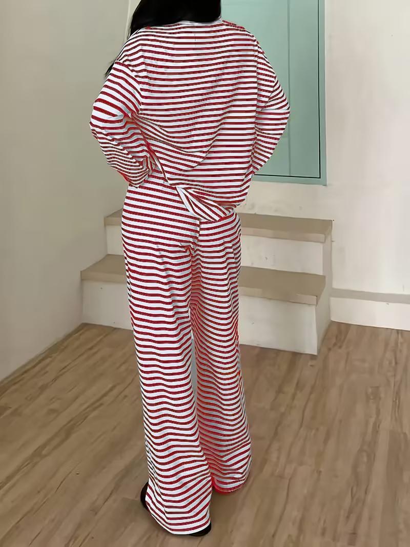 Women's Fashion Striped Casual Sportswear Set, Sweatsuit Set Outfit, Spring & Fall Long Pants and T-Shirt Two-Piece, Stylish Stripe Design