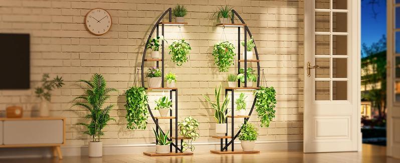 2 Pcs Plant Stand Indoor with Grow Lights, 6 Tiered Tall Plant Shelf, 63" Metal Plant Stand for Indoor Plants Multiple, Half-Moon Plant Rack Display Shelf, Plant Holder for Living Room, Patio