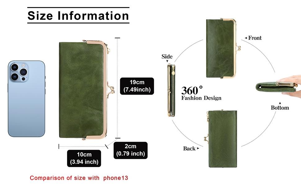 Elegant Vintage Bifold Wallet for Women, Travel Minimalist Long Purse with Kiss Lock Closure Green Zipper Pouch Multiple Card Slots ID Window Secure Organizer