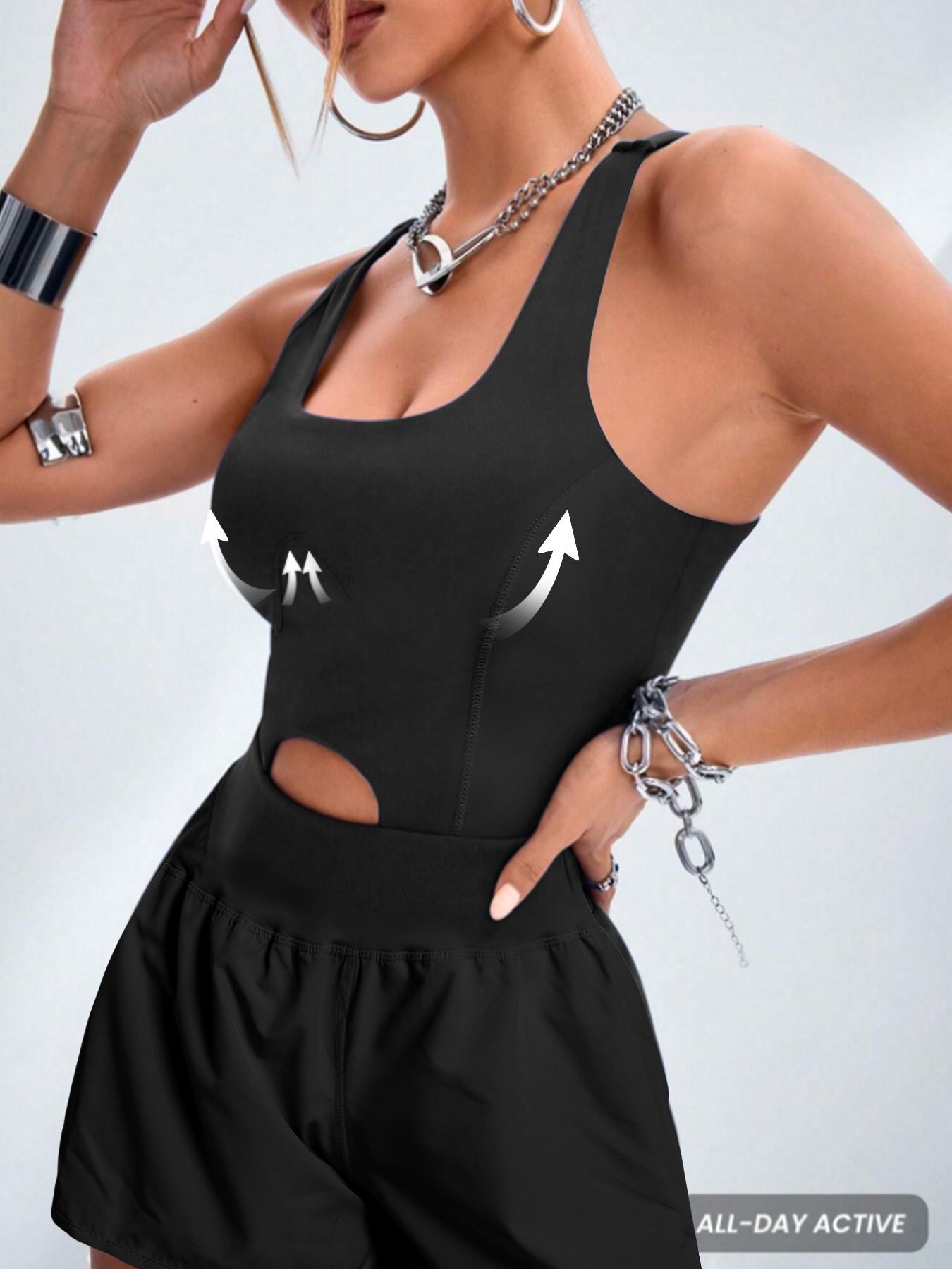 Women's Solid Color Cut Out Sports Romper, Sporty Romper, Casual Sleeveless Tank Romper, High Waisted Romper, Elastic Waist Romper, Workout Rompers, Exercise Rompers, Athletic Rompers for Yoga Gym Workout, Ladies Sportswear for All Seasons, Yoga Jumpsuits