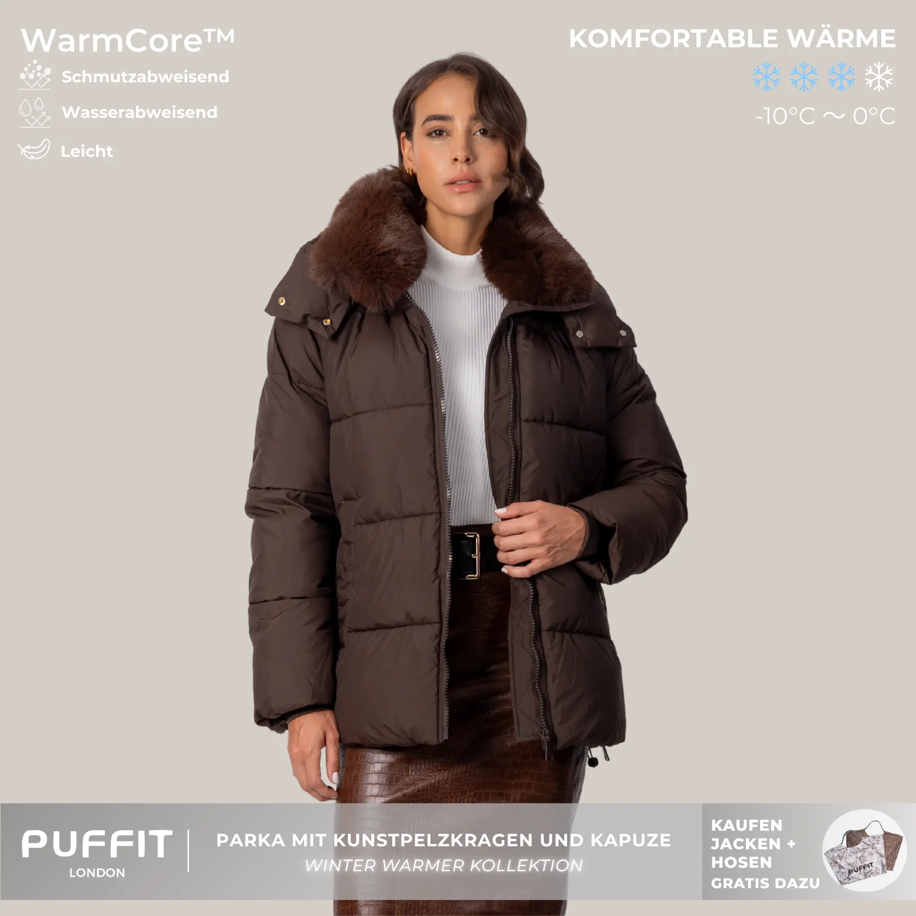 PUFFIT WarmCore Premium Removable Faux Fur Collar Puffer With Detached Hood,Removable Faux Fur Collar,Side Zipper Design,Windproof Sleeves,High-Density High-Twist Fabric,Detachable Hood,Elegant Appearance,Fall,Winter,2026 Shopping