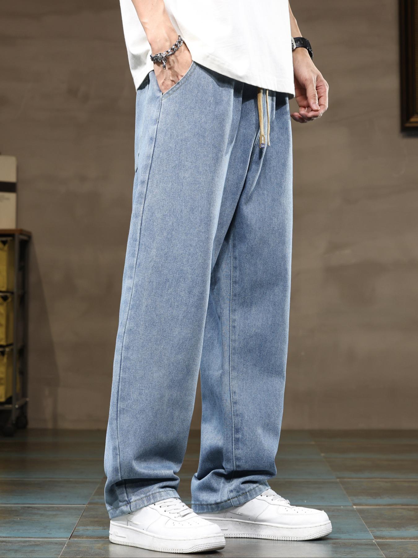 Men's elastic waist straight-leg plus-size jeans, Denim, comfortable and loose street-style bottoms, perfect for daily casual wear, urban street looks, and weekend fashion styles