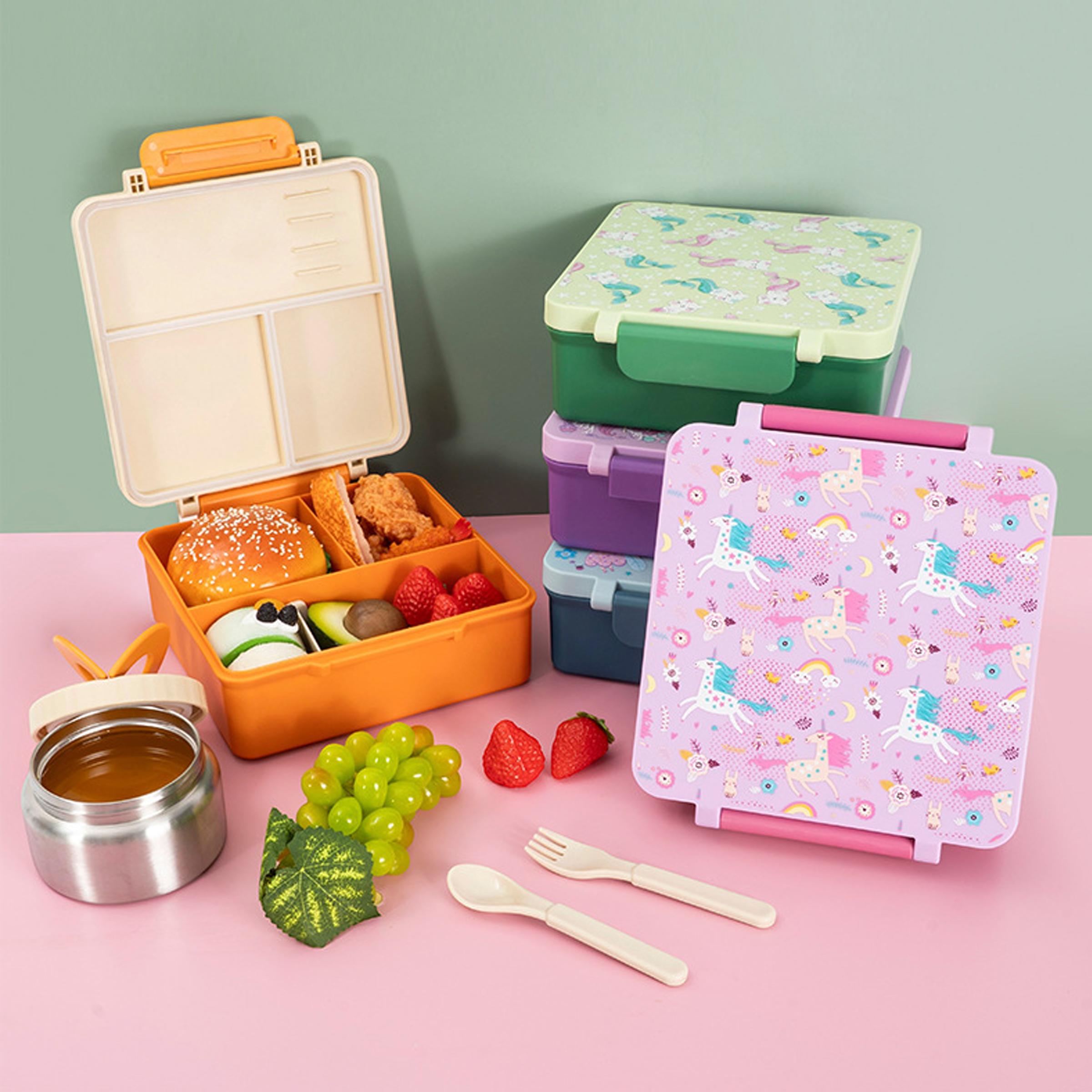 Bento Lunch Box Set for Kids🍗🥦🍓🍰🍲 with 9.5 oz Soup Thermo, Leak-Proof Lunch Containers with 4 Compartment, Kids Thermo Hot Food Jar ，BPA Free ， Utensils for Girl Boy School, Microwave Dishwasher Safe