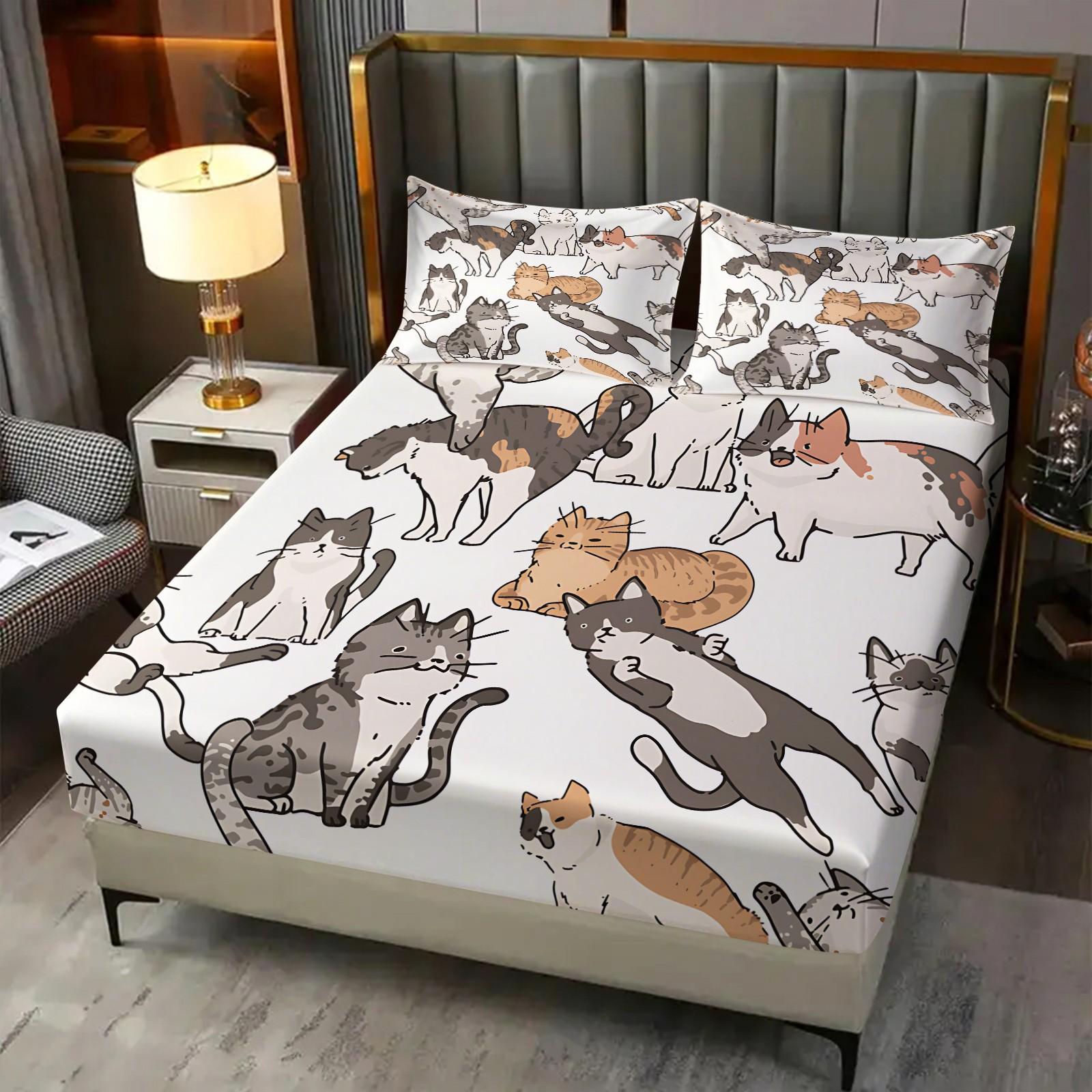 3Pcs Funny Cute Cat Digital Print Fitted Sheet Set, Cartoon Kitten Themed Bed Sheet Set, Soft Breathable Microfiber Bedding, Non-Slip All-Around Elastic, Perfect for Cat Lovers Bedroom, Guest Room, Dorm, Year-Round Use - No Filling