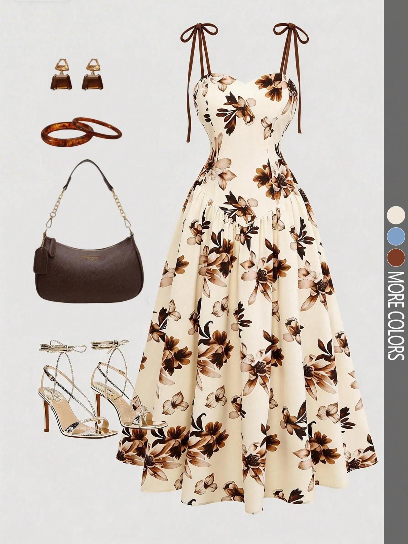 Women's Apricot Brown Floral Print Vintage Spaghetti Strap A-Line Dress, Evening Party Formal Dress, Summer Elegant Flowy French Bohemian Dress for Beach Music Festival Holiday