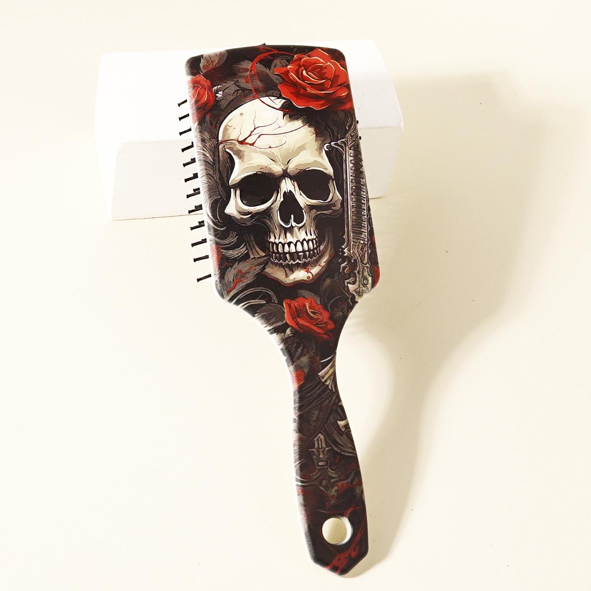 Skull and Flower Pattern Paddle Comb, Massage Exfoliating Brush, Durable Abs Plastic Handle, Suitable for All Hairstyles