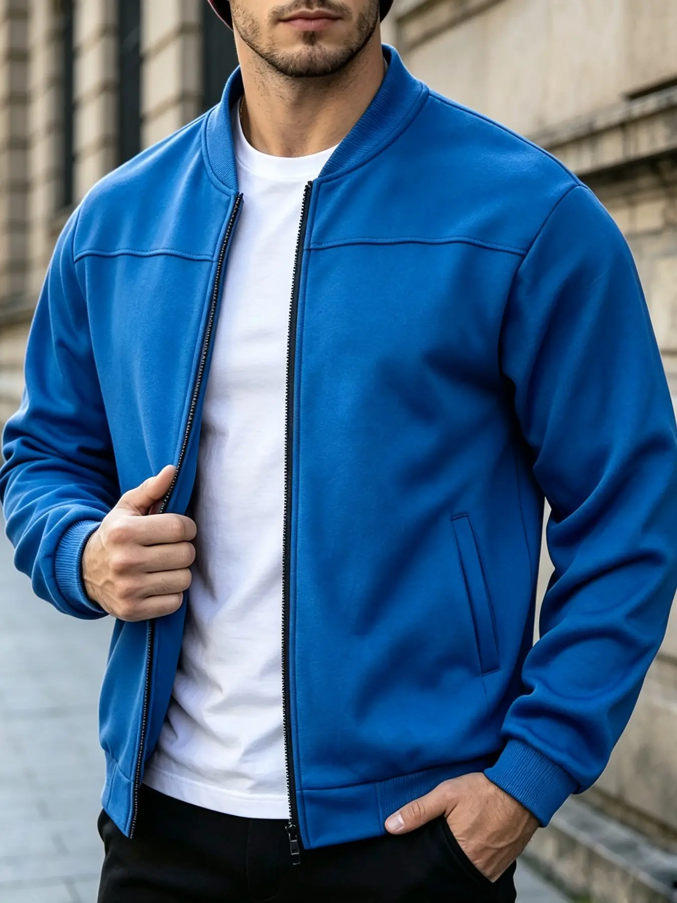 Men's Full-Zip Baseball Neck Jacket, Classic Knit Fleece Casual Outerwear, Long Sleeve Thick Top, Ribbed Hem and Sleeves, Street Style, Plain