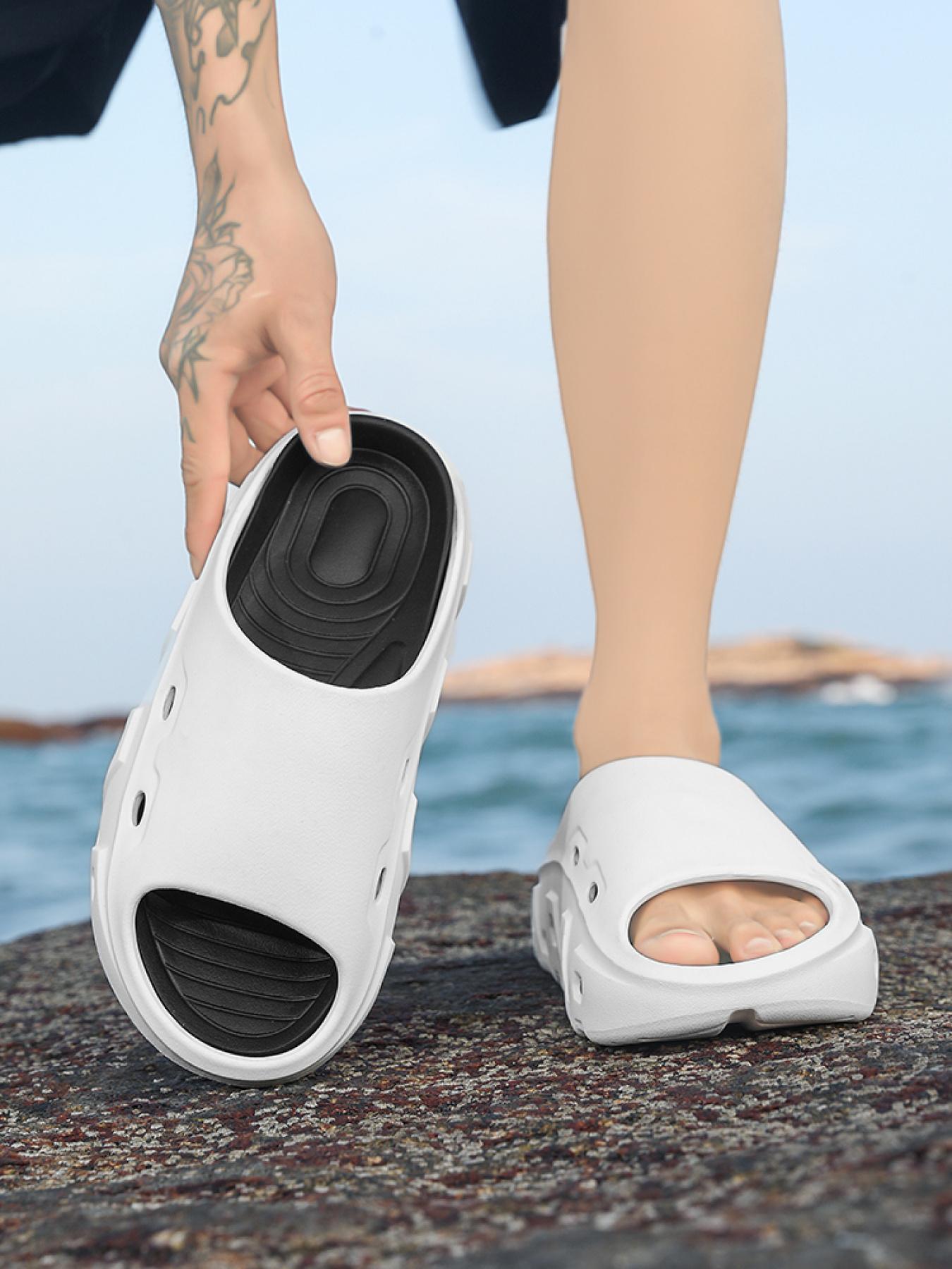 Women's White-Black Color-Block Slides: Breathable Hollow + Soft Shock-Absorbing Sole, Anti-Slip Bathroom Home Slippers
