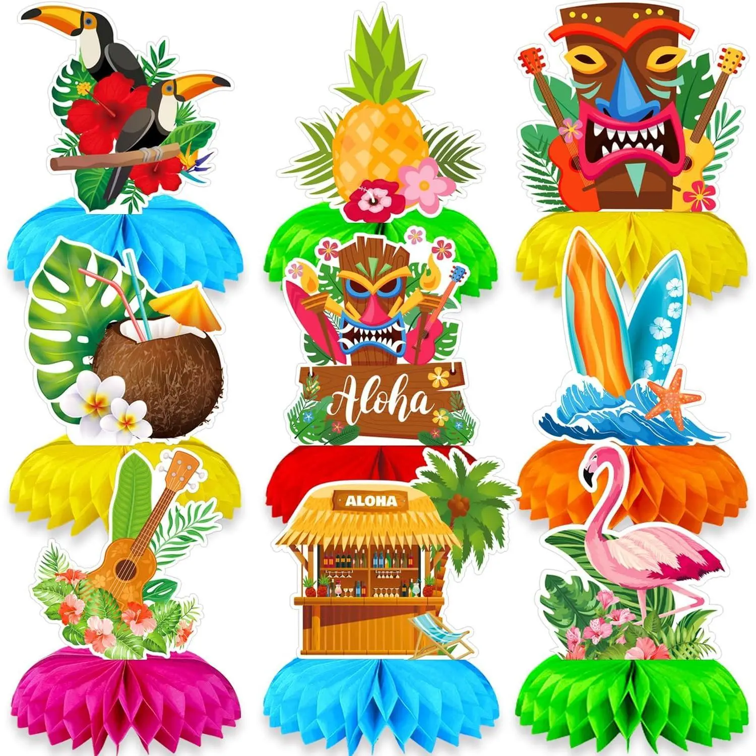 9-Pc Paper Honeycomb Hawaiian Luau Centerpieces Table Decor - Peel-and-Stick Tropical Graphics (Tiki Mask, Flamingo, Pineapple, Surfboard) for Beach Parties, Island Vibe Summer Pool Party Supplies