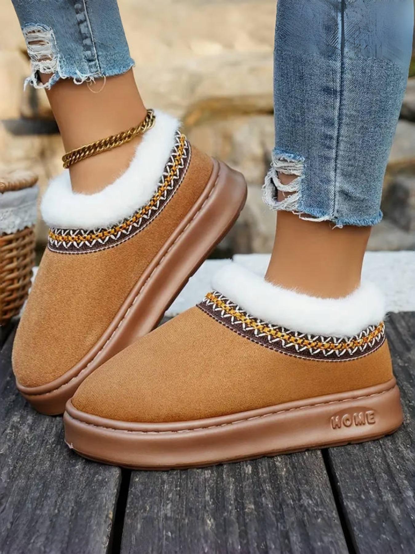 Women’s Slip-On Winter House Slippers Boots – Fluffy Snow Boots Thick Plush Lined Snow Slippers with Embroidered Ethnic Style Trim, Soft Warm Upper and Cushioned Insole, EVA Sole for Indoor & Outdoor Use, Stylish Classic Design for Home, Office & Gift