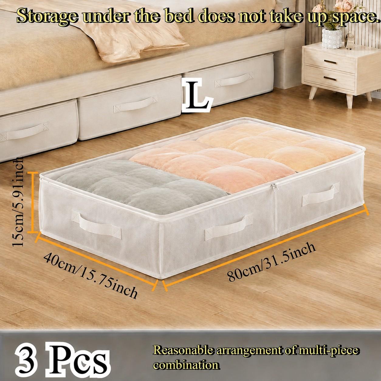 3-Pack White Under-Bed Storage Boxes and Organizers, Foldable Collapsible Containers for Blankets, Quilts, Clothes & More, Space-Saving Wardrobe Organizer