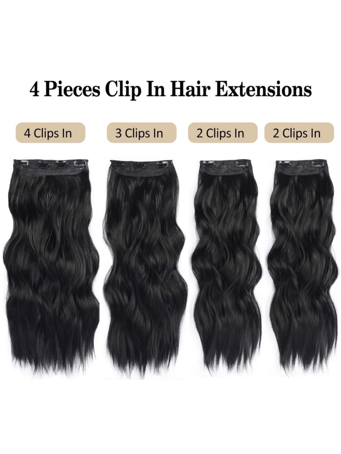 Clip-on hair extensions, long wavy curls, 4 pieces per pack, thickened hair extensions, synthetic highlighted extensions, chestnut gradient, double-layered fiber construction, natural color, 22 inches, Wavy Synthetic Hairpiece, Wavy Hairpieces