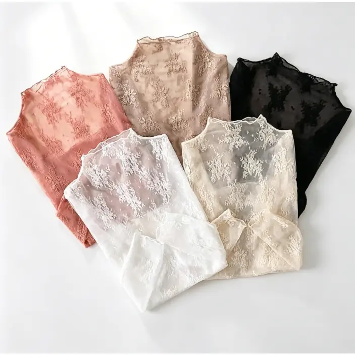 Women’s Sheer Floral Lace Top, Black Long-Sleeve Mock Neck Mesh Shirt for Layering, Parties and Going-Out Outfits