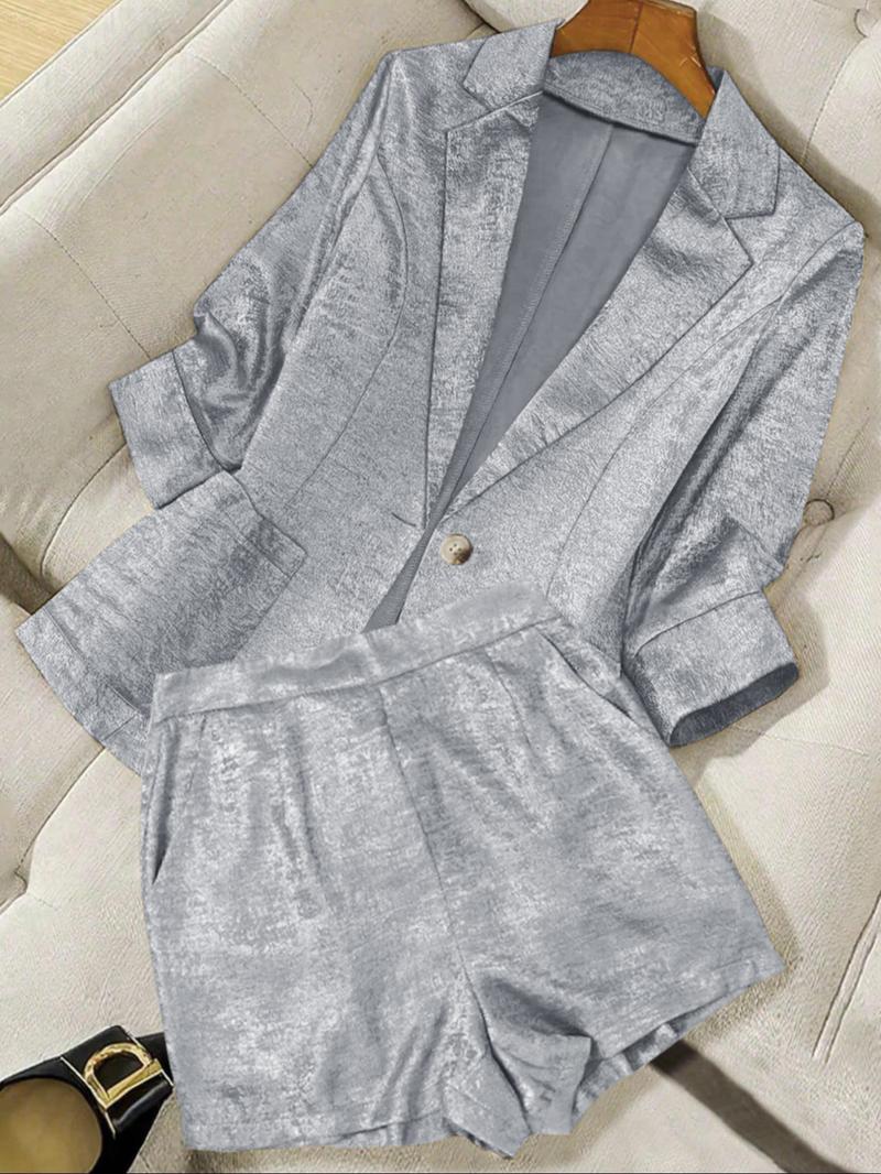 Two-Piece Set Women's Solid Color Blazer & Shorts, Casual Outerwear & Shorts for Daily Wear, Ladies Clothes for Summer Suits