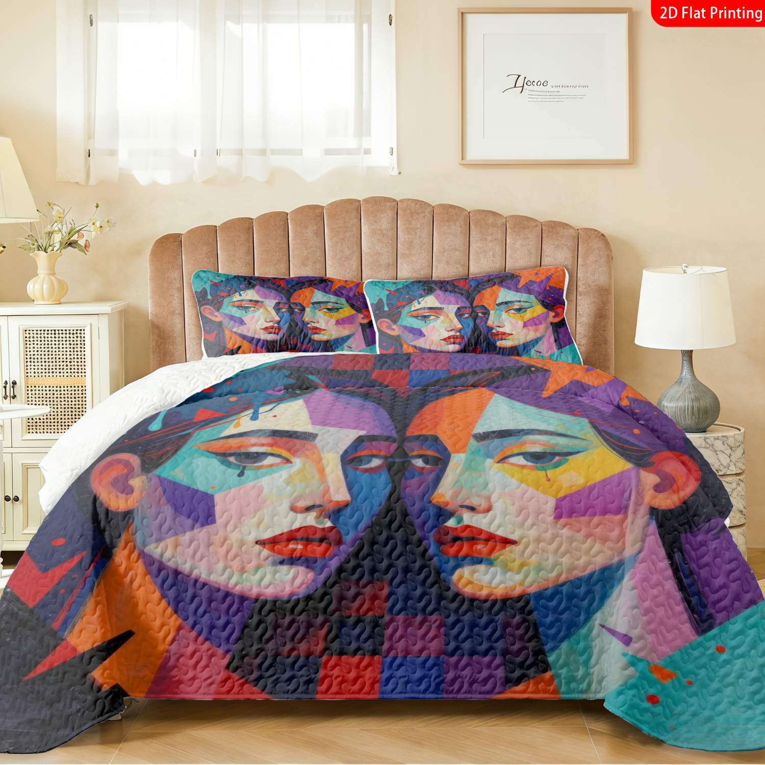 3 pcs, 2D Flat Print Abstract Geometric Portrait Bedspread Set, Soft and Comfortable, Multiple Sizes Available, Suitable for Gifting and Daily Use, Ideal for Creating a Cozy Home Atmosphere(1 bedspread , 2 pillowcases)