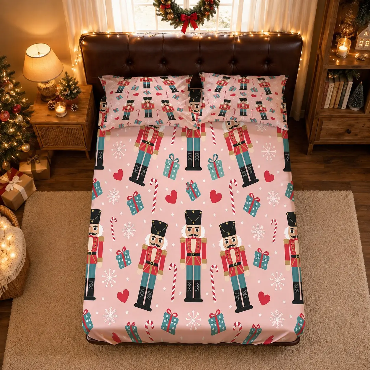 Christmas Nutcracker Themed Fitted Sheet Set, Includes 1 Fitted Sheet + 2 Pillowcases, Without Pillow Inserts, Deep Pocket Fitted Sheet for Teens and Adults, Festive Bedding for Daily Family Use and Christmas Season, Can Be Used As A Gift