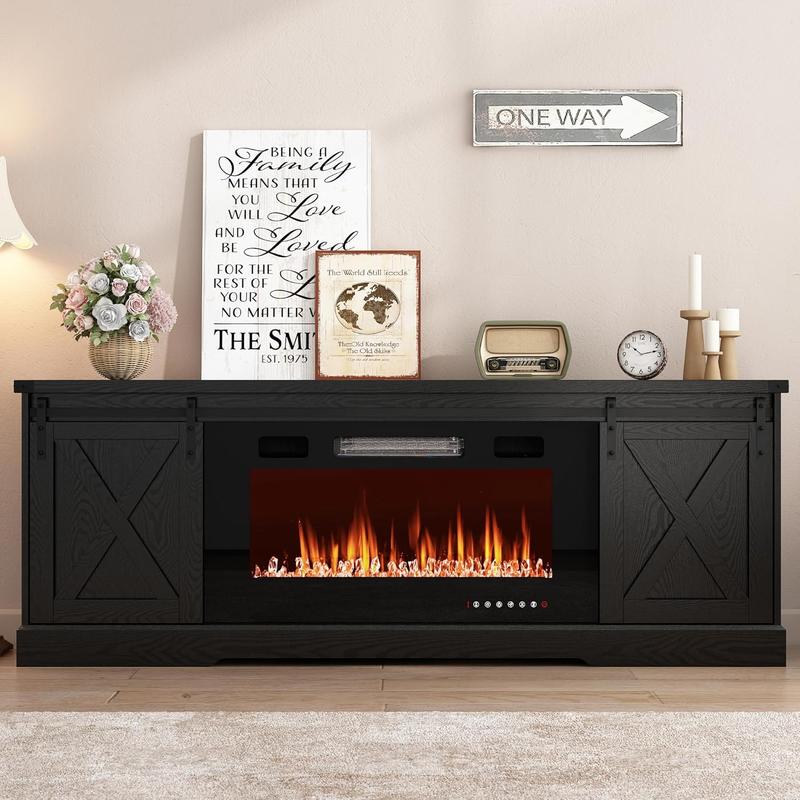 Farmhouse Fireplace TV Stand / Farmhouse TV Stand for 70/75/80 Inch TV, 70 inch Entertainment Center Storage Cabinets with 36”Electric Fireplace and Sliding Barn Doors, Media Console Cabinet for Living Room