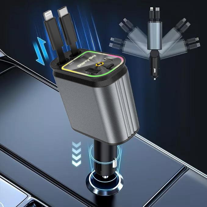 4-in-1 Headliner Fast Charging Retractable Car Charger Starlight Roof Projector with Red and Blue Light, 31-inch Retractable Cable (for Type-C and iOS Devices),- Travel Car Accessories​​