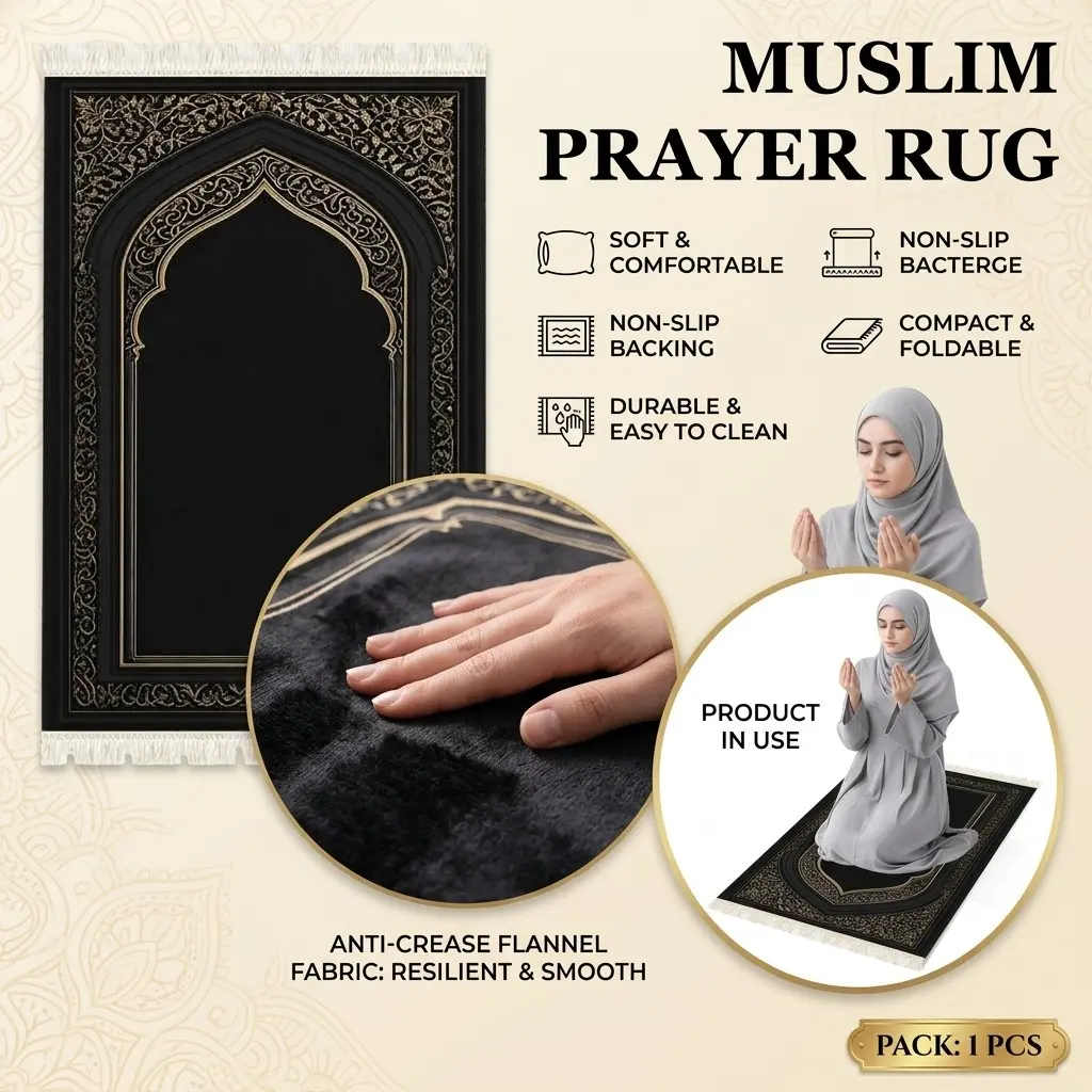 Islamic Prayer Rug, Namaz Salah Mat, Floral Arch Design, Foldable & Portable, Ideal for Home, Mosque, Travel