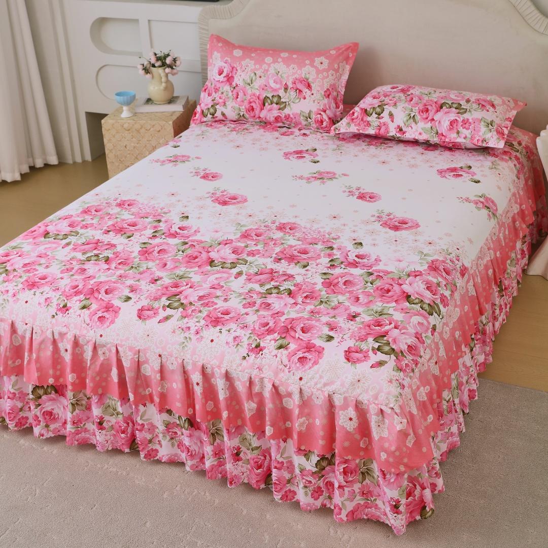 Floral Print Ruffled Edge Bed Skirt Set, 3 Counts/set Including 1 Bed Skirt & 2 Pillowcases without Filler, Comfy Bedding Set for Home Bedroom, All Seasons, Bedroom Decor, Christmas Gift