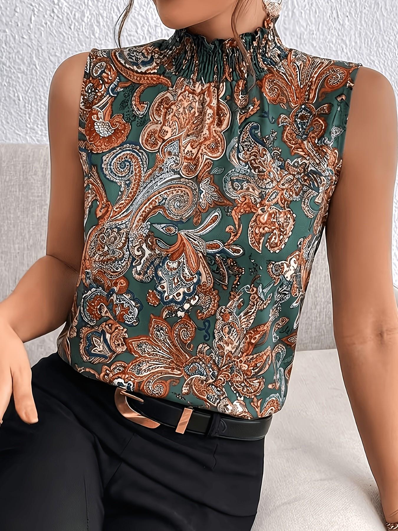 Random Print Sleeveless Shirt, Stand Collar High Neck Top, Summer Women's Fashion, Comfortable and Stylish, Perfect for Daily Wear