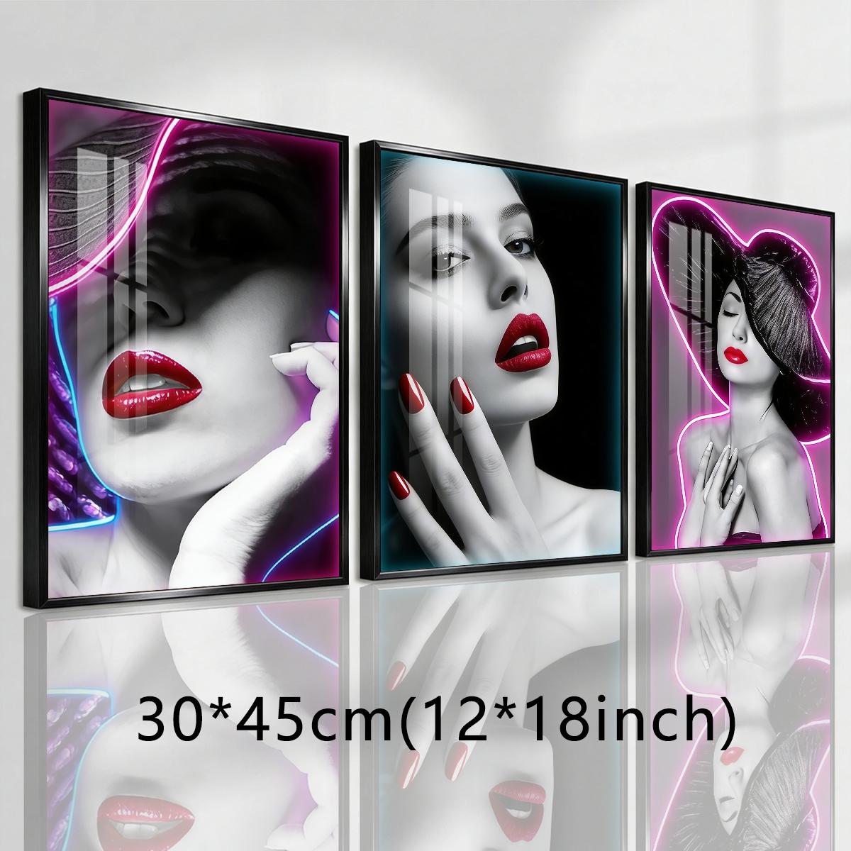 3 Counts Aluminum Alloy Framed Painting, Neon Beauty Portrait Art With Red Lips And Nails, Home Decoration For Living Room, Bedroom, Office, Restaurant, Hallway Wall Decor, Odorless Print Artwork, Luxury Perfect Gift For Friends And Family