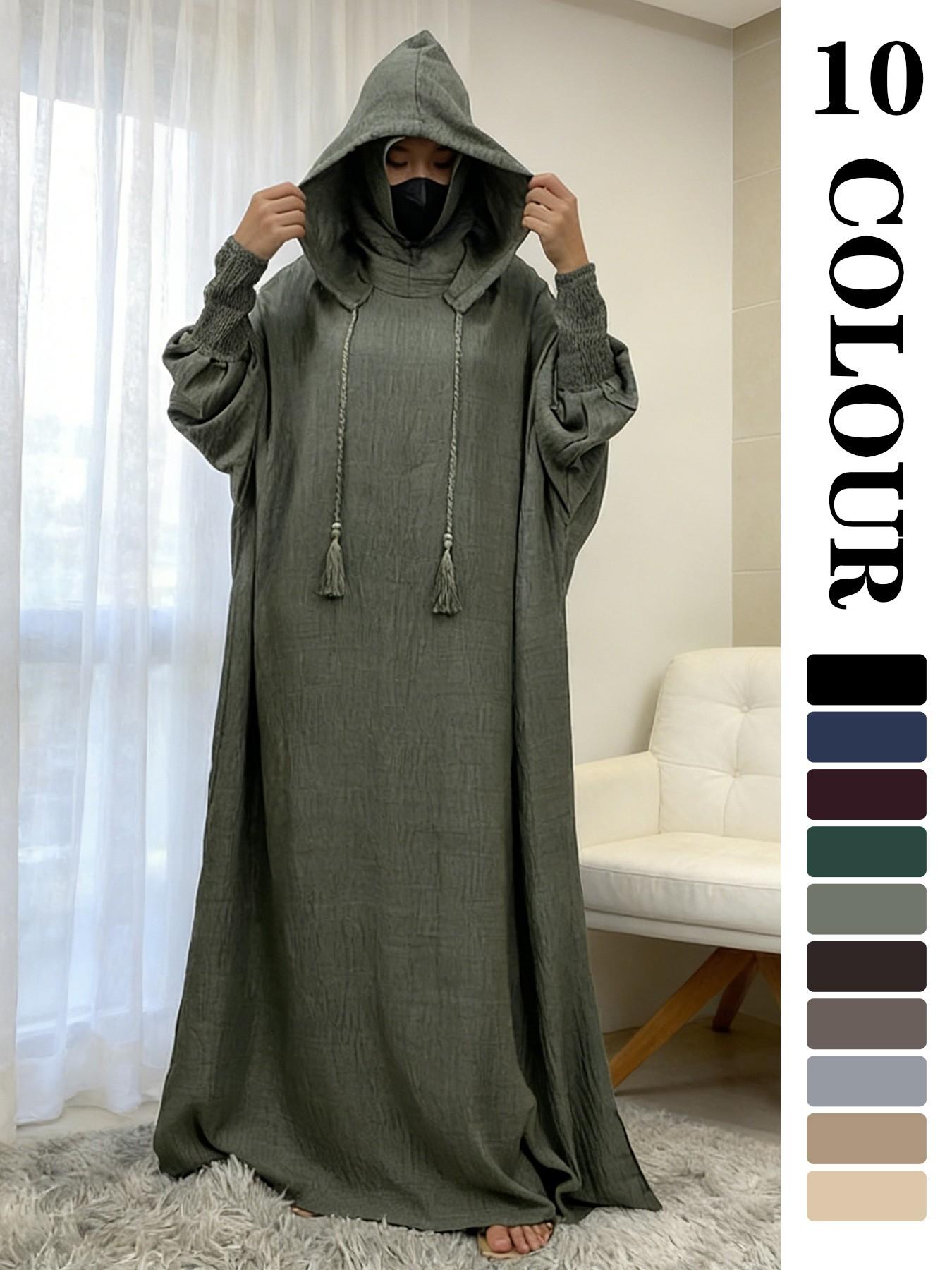 Women's Solid Color Batwing Sleeve Drawstring Hooded Dress, Casual Long Sleeve Shirred Cuff Long Dress for Spring & Fall, Women's Islamic Clothing for Daily Wear