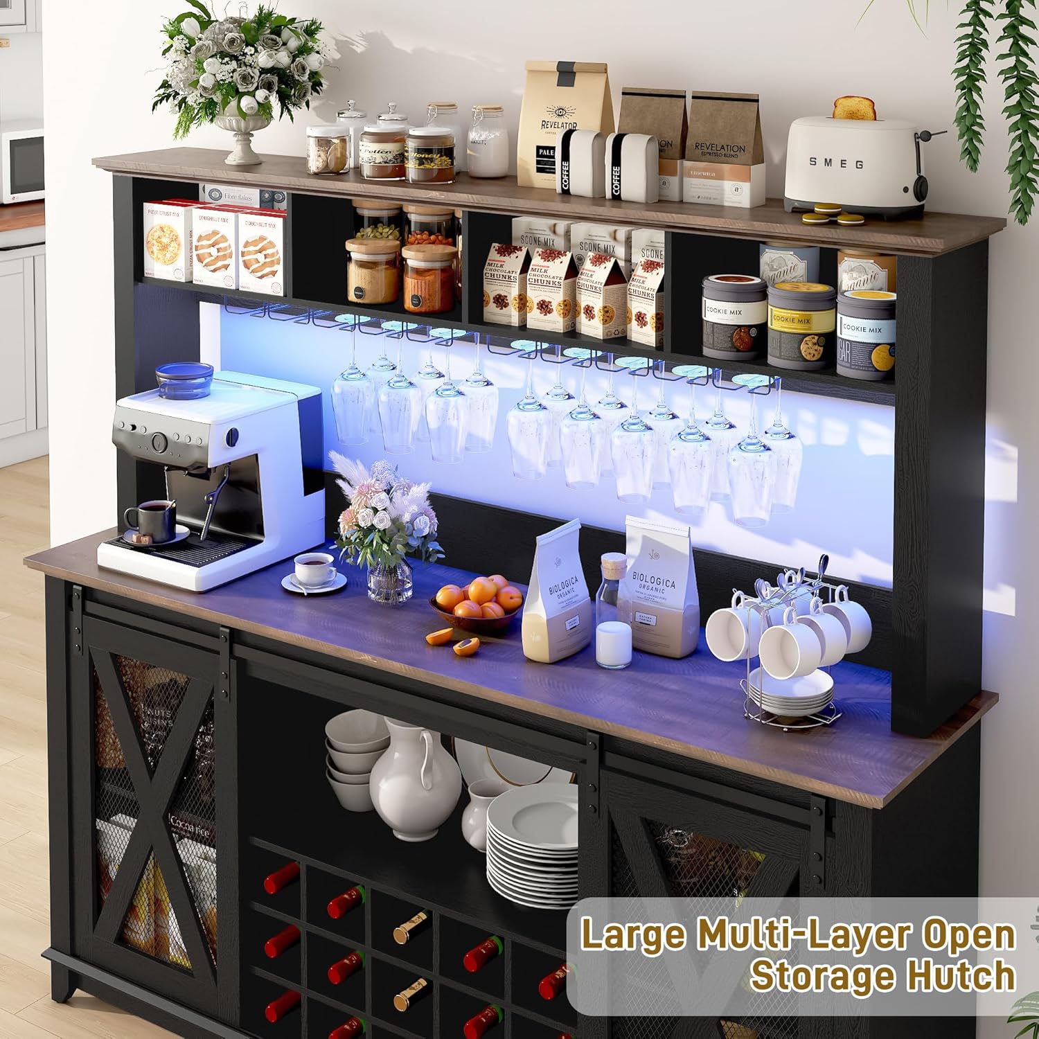 63"W/47"W/31.5"W Farmhouse Coffee Bar Cabinet with LED Light,Wine Bar Cabinet w/ Tier Storage Hutch,Kitchen Buffet Cabinet w/Sliding Barn Door & Wine and Glass Racks for Kitchen Dining Room(Brown/Antique White/Dark Rustic Oak)