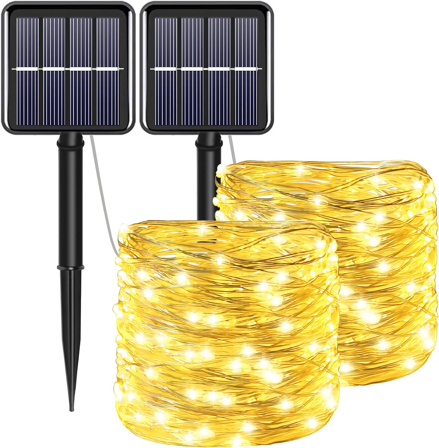 2-Pack Solar String Lights, Total Length 104.98 Feet, 300 LED Outdoor Solar Fairy Lights, 8 Modes of Solar Twinkling Lights, Mini LED Solar String Lights, Suitable for Christmas Garden Party Decorations, Warm White Color, IP44 Waterproof