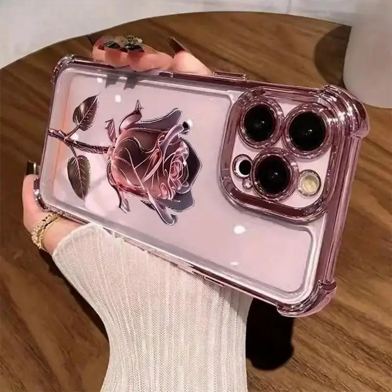 Pink Rose Print TPU Local Phone Case - Drop-Proof, Non-Slip, Button-Accessible, Card Holder Covers for Multiple Devices - Fit iPhone 18Pro Max,17,16,15 Plus,14,13,12,11 & Galaxy S25 Ultra,S24,S23 FE,S22 - Girls Gift QXA827