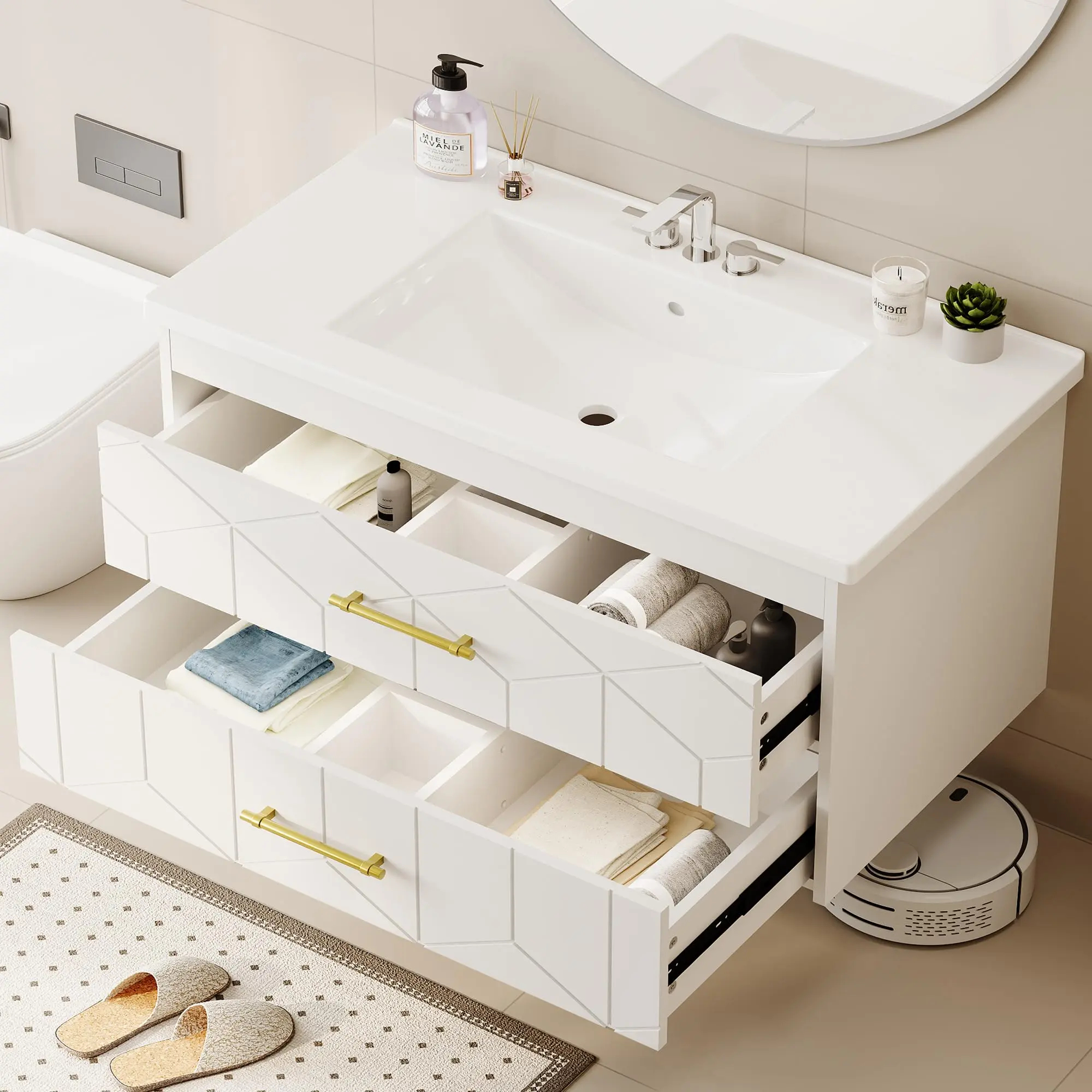 GARVEE 36 Inch Floating Bathroom Vanity with Ceramic Sink Basin, Featuring Two Large Soft-Close Drawers with Elegant Gold Handles, Easy Assembly, and Sleek White Finish